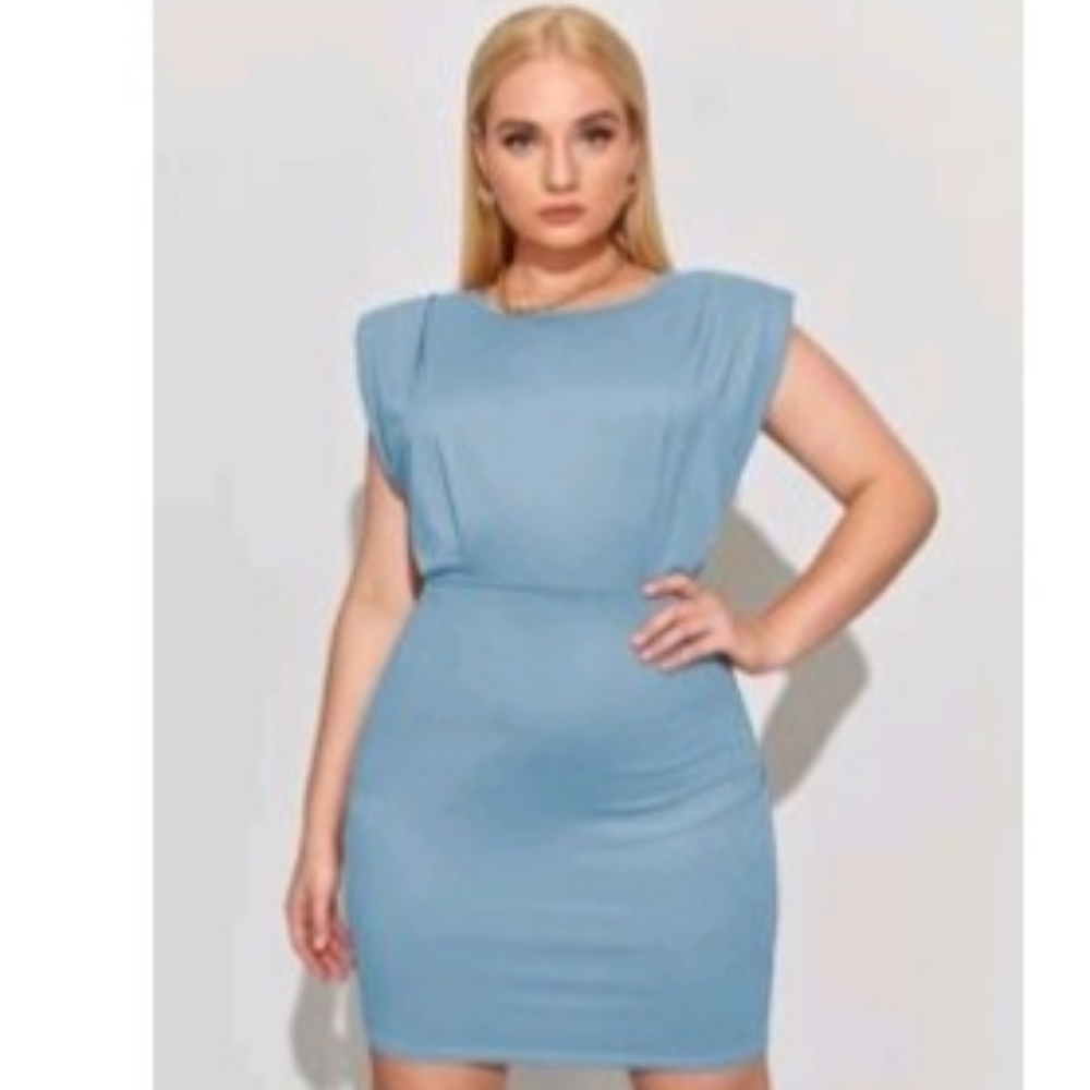 ❤️❤️❤️ Shein Solid Plus Size Shoulder Pad Sky Blue Dress